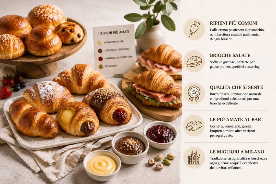Assortimento di brioche con crema, cioccolato, marmellata e pistacchio e brioche salate artigianali