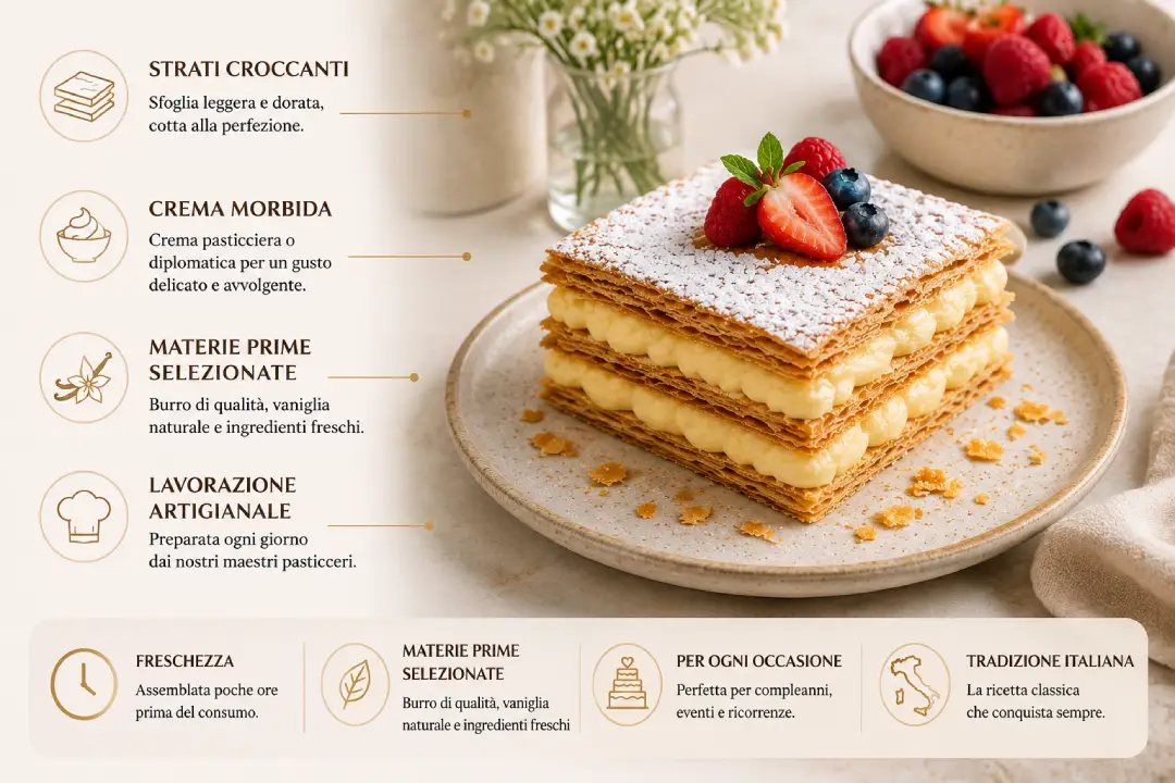 Torta millefoglie artigianale con strati di sfoglia croccante e crema pasticciera