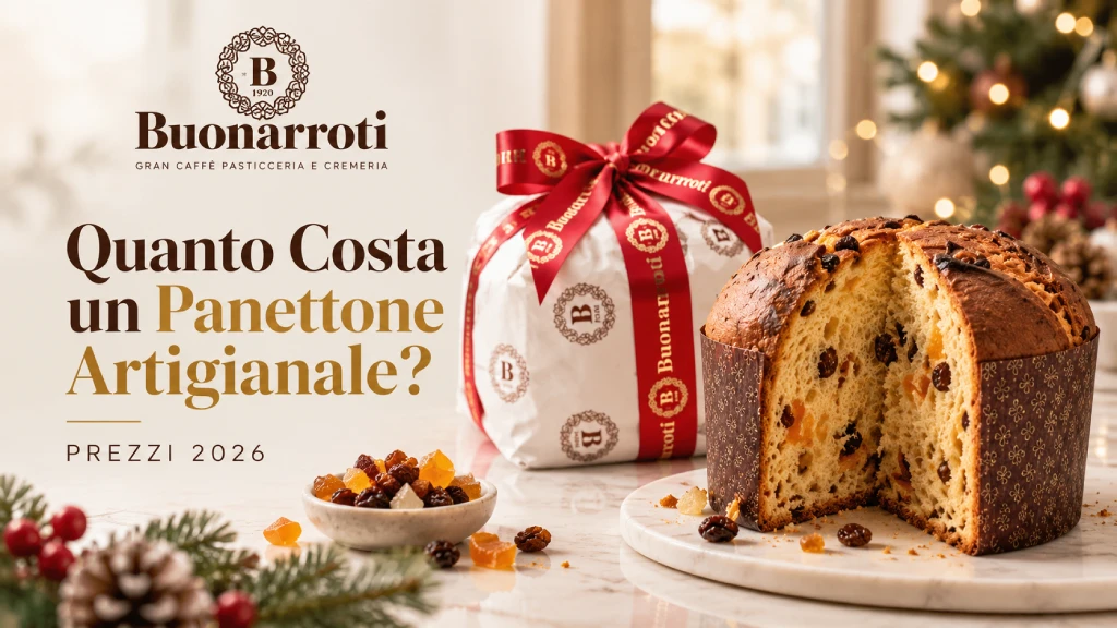 Panettone artigianale Buonarroti con uvetta e canditi, confezione regalo e decorazioni natalizie.