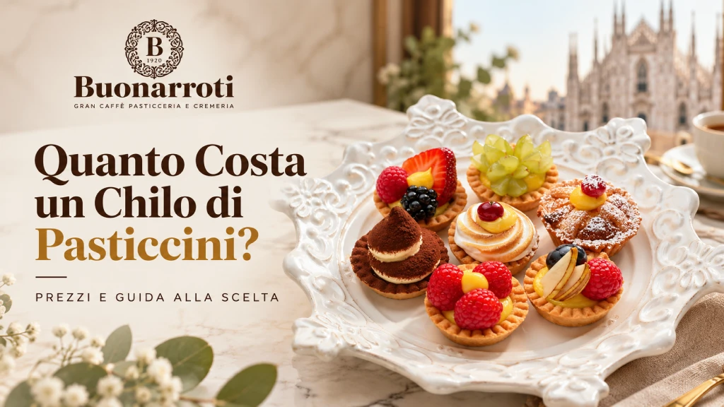 Pasticcini mignon artigianali assortiti con frutta fresca e crema su un elegante vassoio, Cremeria Buonarroti Milano.