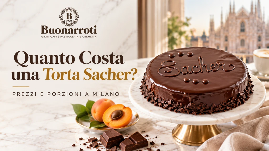 Torta Sacher artigianale di Buonarroti con glassa al cioccolato, albicocche e logo della pasticceria a Milano.